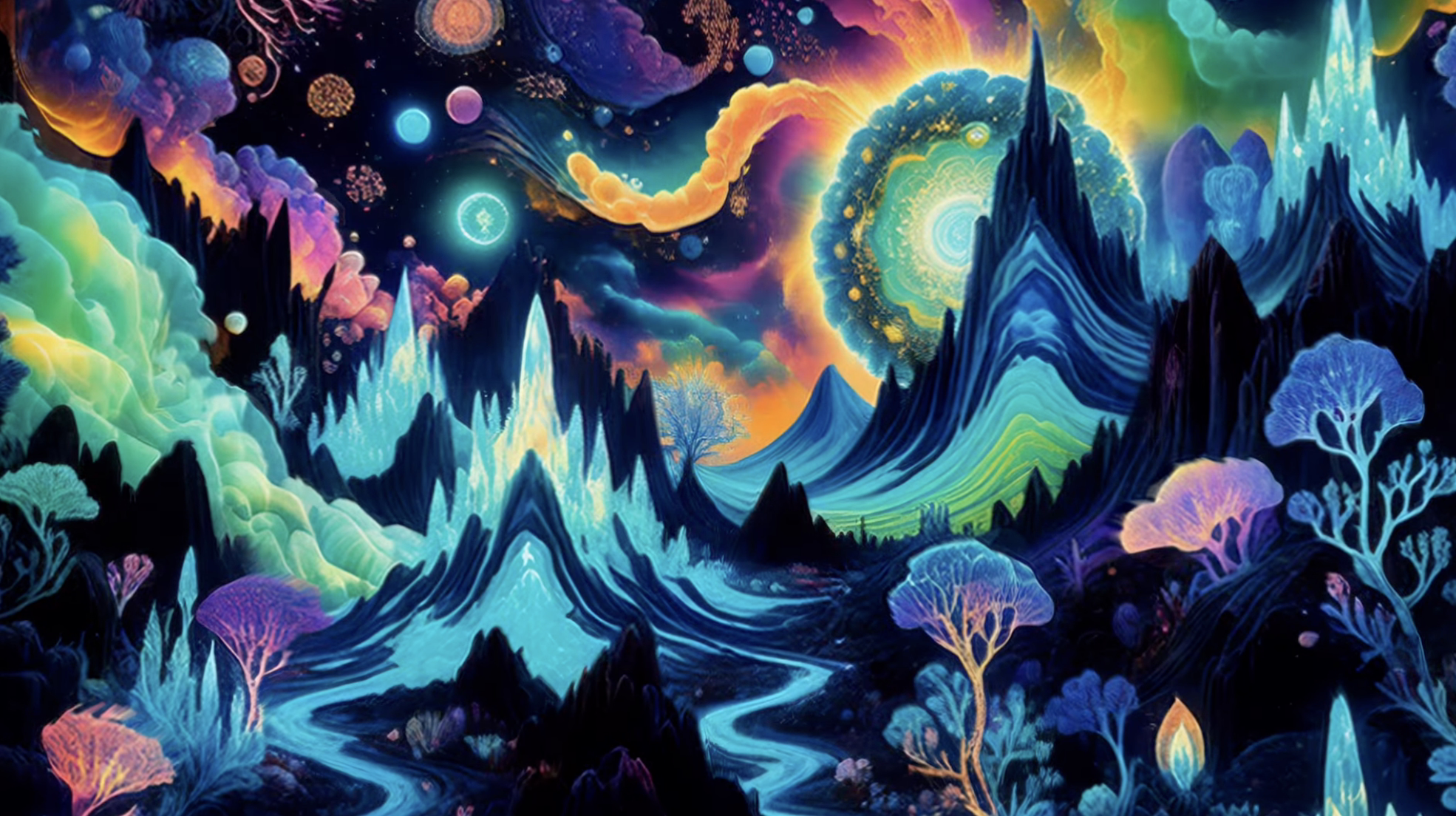 Crystalline mountains under a glowing mandala sky, representing the unity of mind and cosmos.